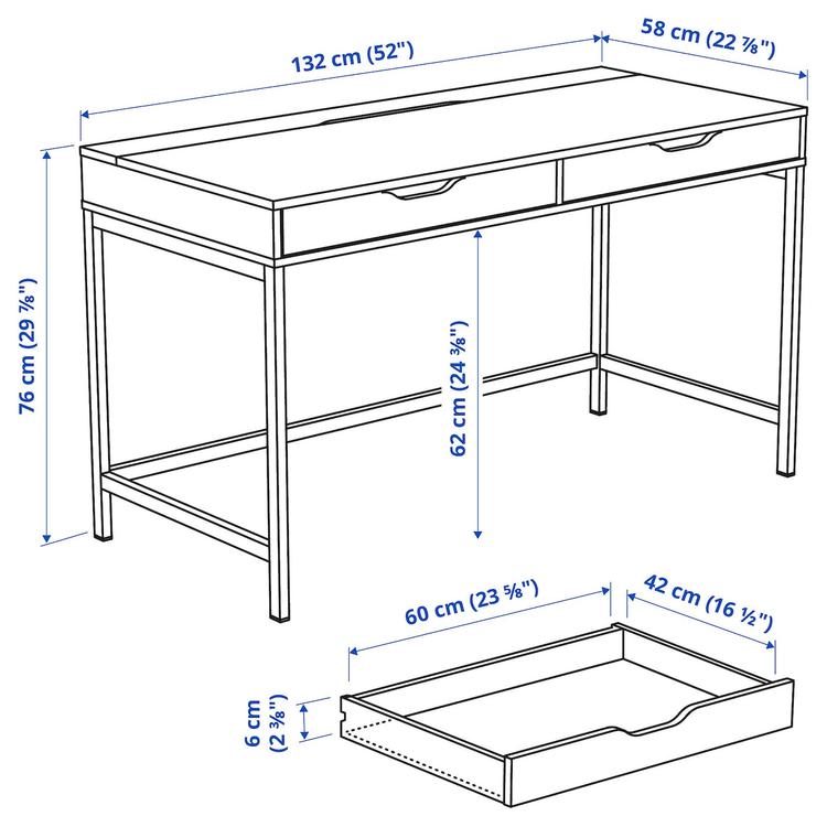 письменный стол, белый, 132x58 см dimensions