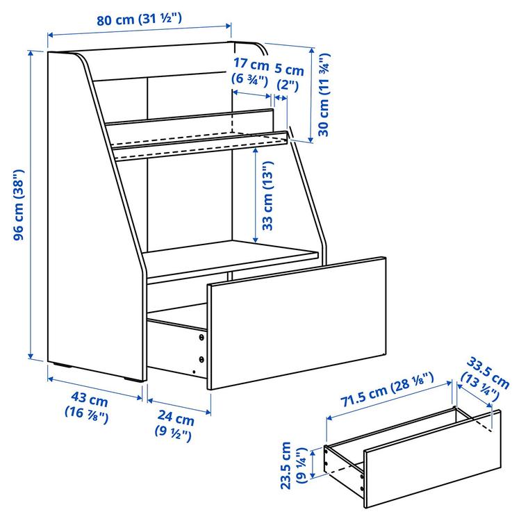 Regał na książki z szufladą,  dimensions