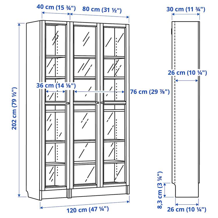 шкаф книжный со стеклянными дверьми, 120x30x202 см dimensions