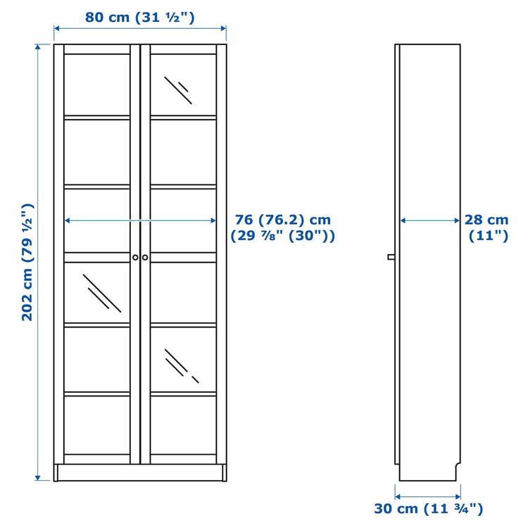 шкаф книжный со стеклянными дверьми, зеленый, 80x30x202 см dimensions