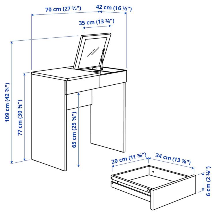 Туалетный столик, 70x42 см dimensions