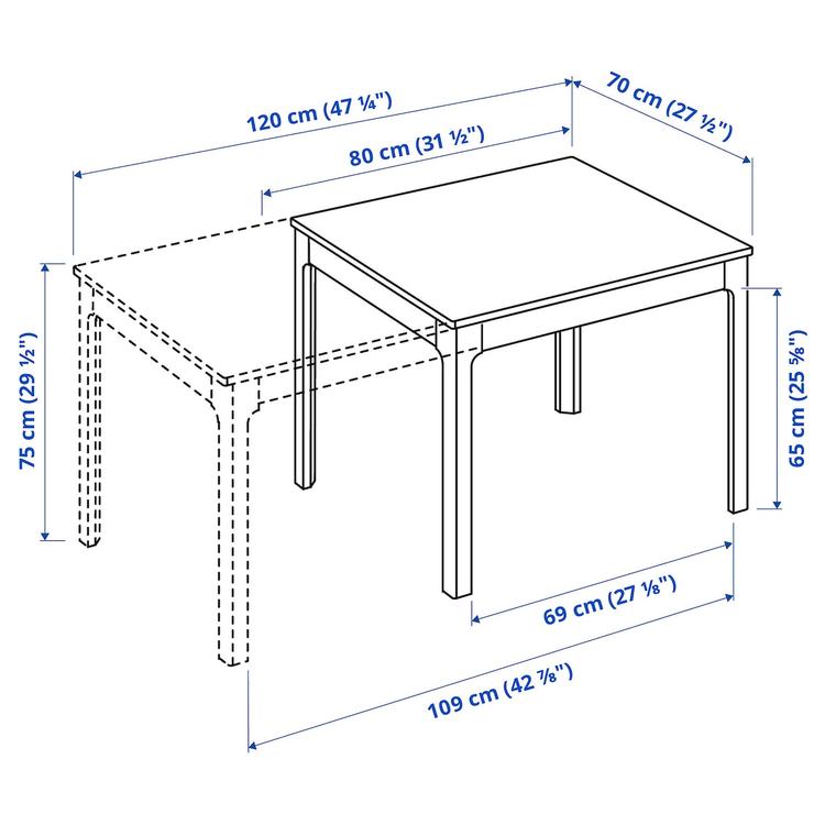 раздвижной стол, темно-коричневый, 80/120x70 см dimensions