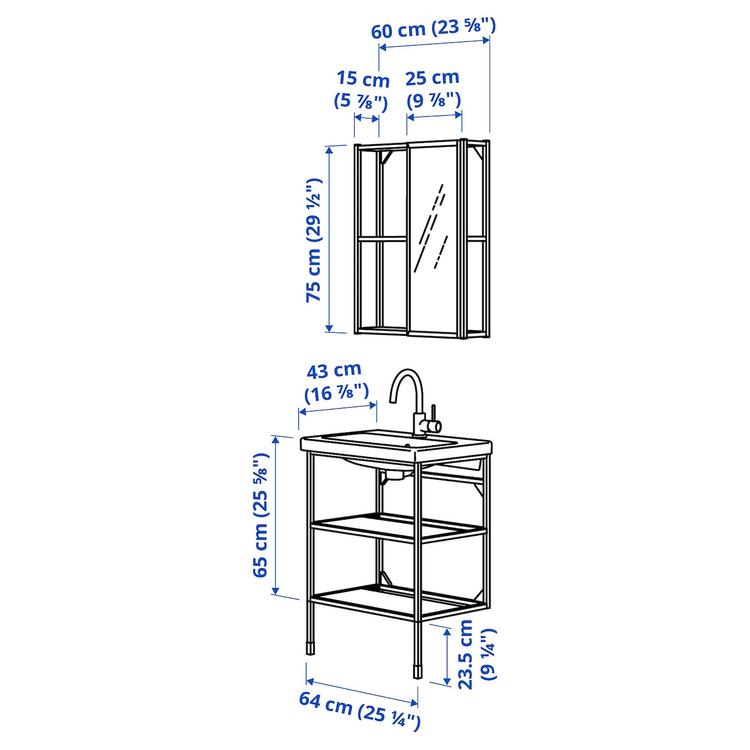 ванная, антрацит, 64x43x87 см dimensions
