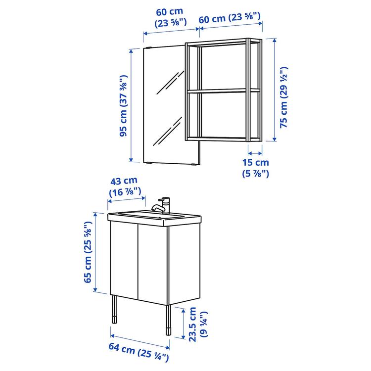 ванная, белый/под дуб, 64x43x87 см dimensions