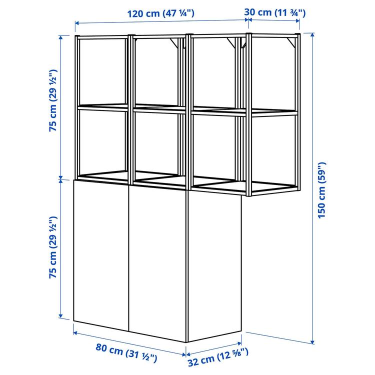 комбинация д/хранения, белый/под дуб, 120x32x150 см dimensions