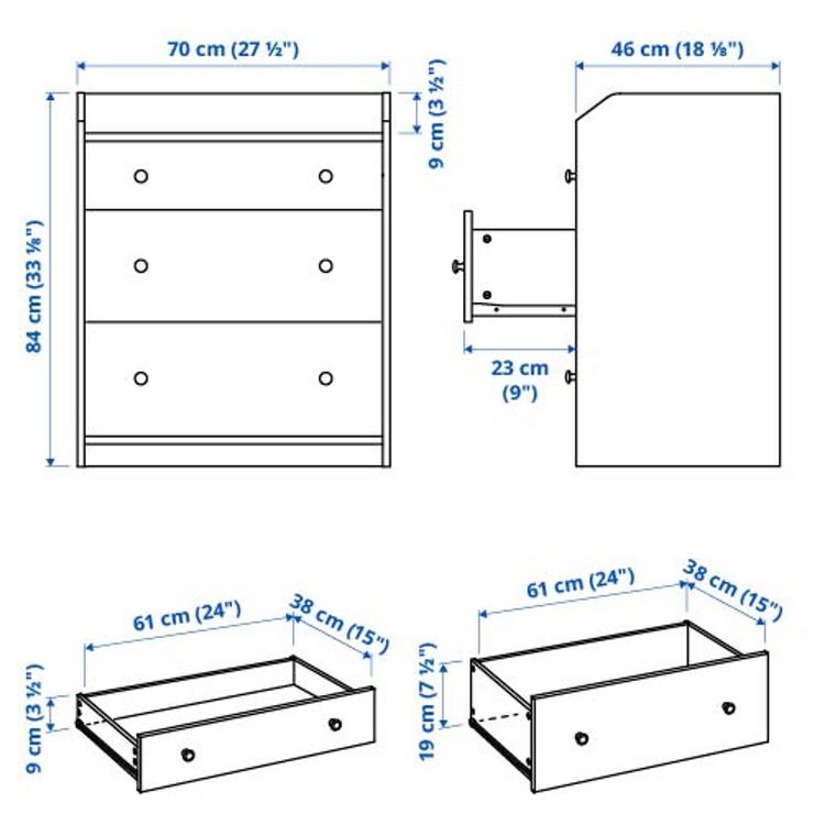 Komoda, 3 szuflady, 70x46x84 см dimensions
