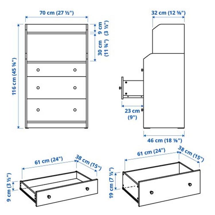 Komoda 3 szuflady z półką, 70x46x116 см dimensions