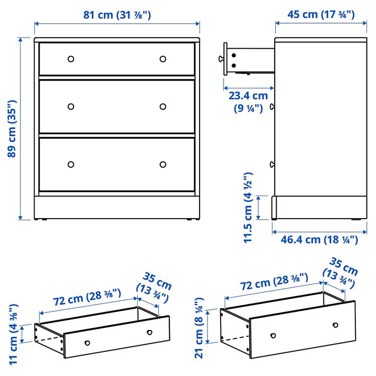 Комод, 3 ящика, 81x47x89 см dimensions