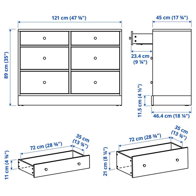 Комод, 6 ящиков, 121x47x89 см dimensions