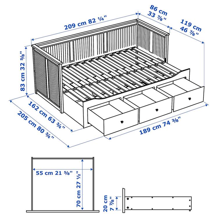 каркас кровати-кушетки с 3 ящиками, белый, 80x200 см dimensions