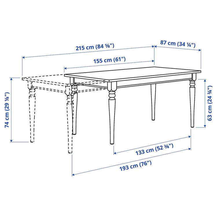 раздвижной стол, белый, 155/215x87 см dimensions