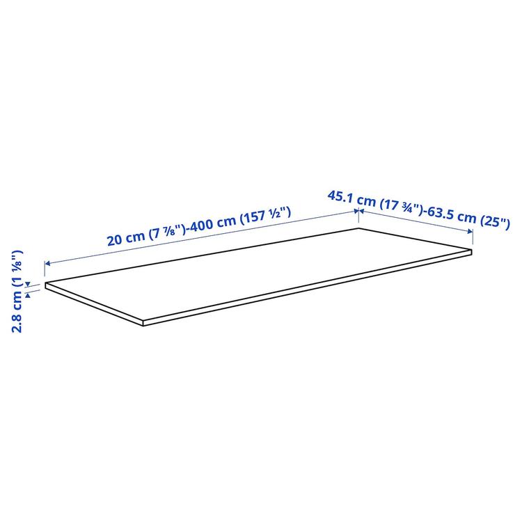 столешница под заказ, белый/ламинат, 45.1-63.5x2.8 см dimensions