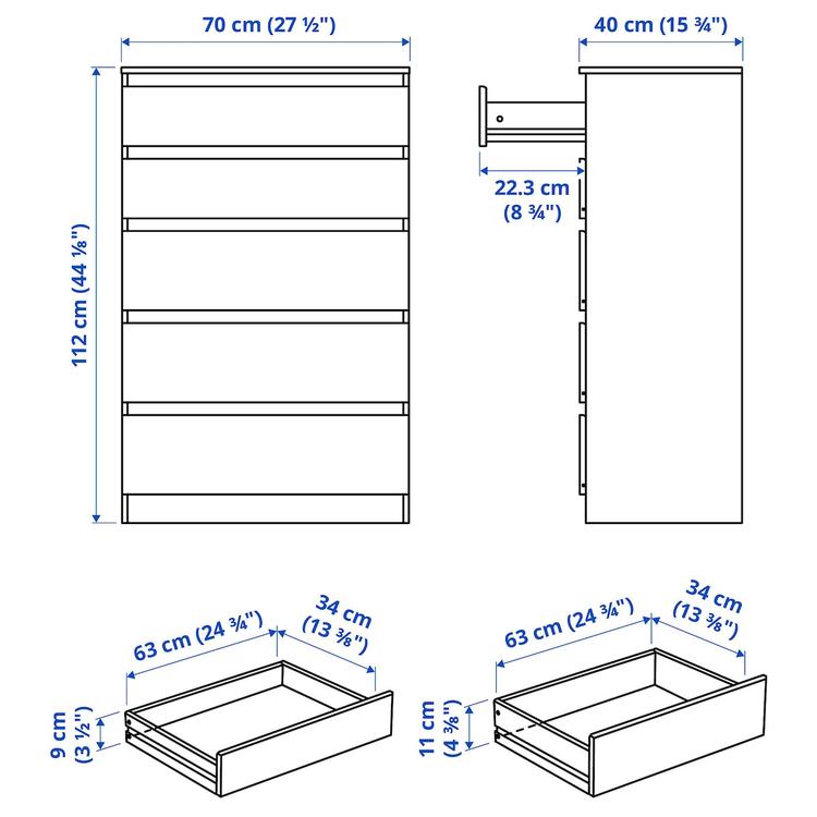 комод с 5 ящиками, черно-коричневый, 70x112 см dimensions