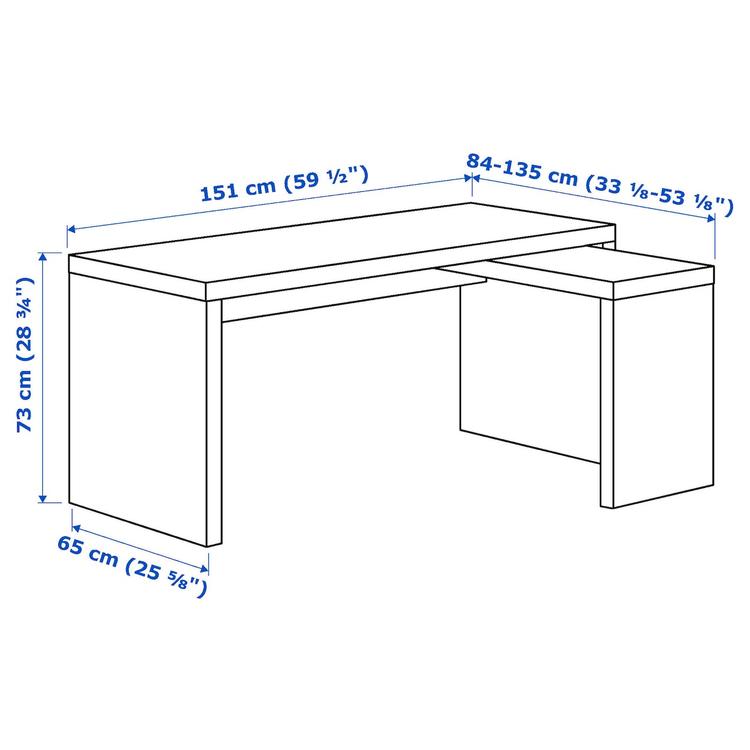 письменный стол с выдвижной панелью, белый, 151x65 см dimensions