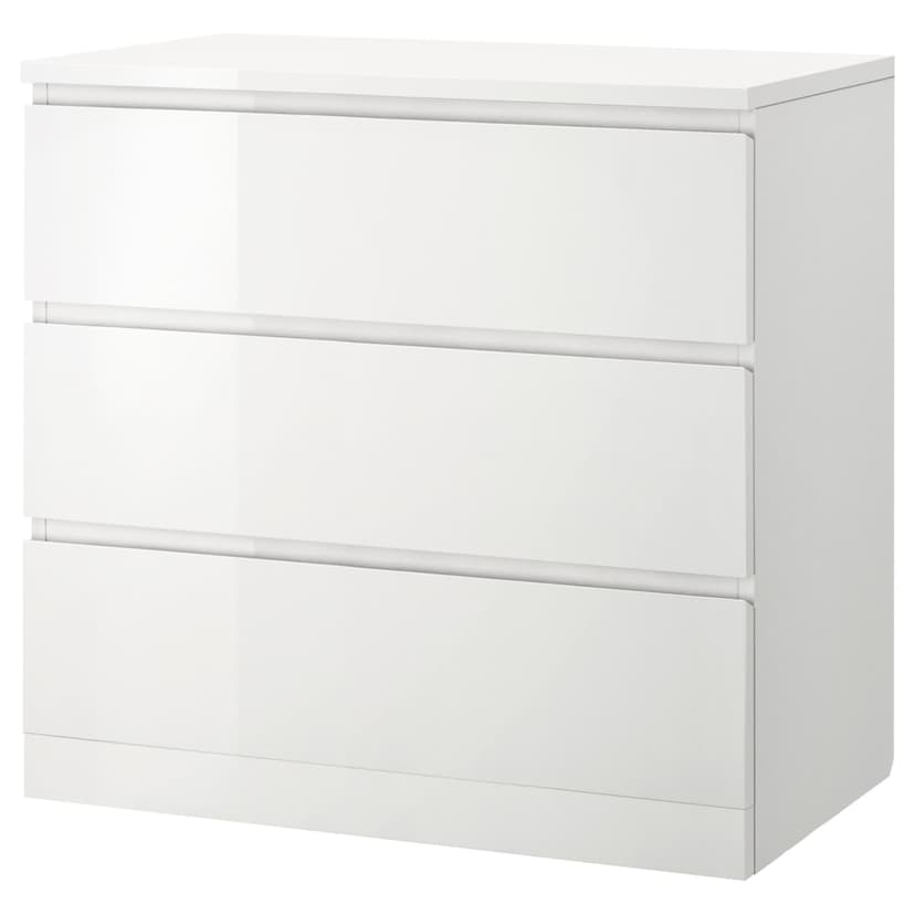 MALM — комод с 3 ящиками, глянцевый белый, 80x78 см