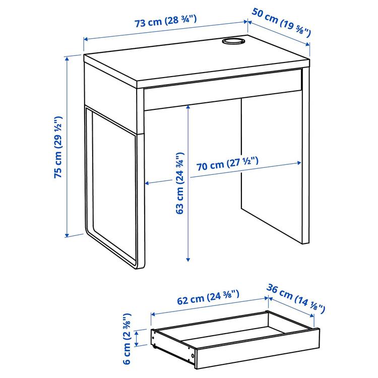 письменный стол, белый, 73x50 см dimensions