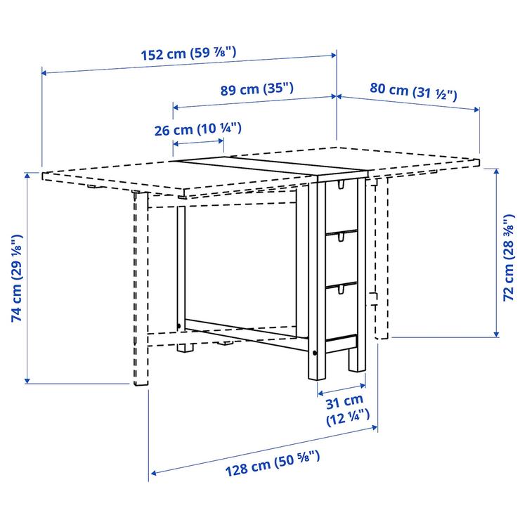 стол складной, белый, 26/89/152x80 см dimensions