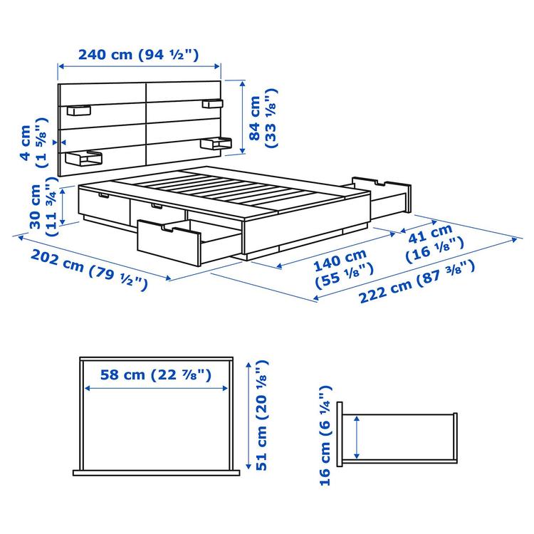 Rama łóżka z pojemnik i materacem,  dimensions