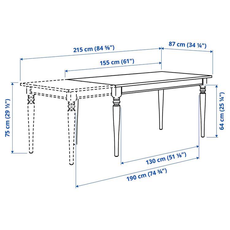 Раздвижной стол, 155/215x87 см dimensions
