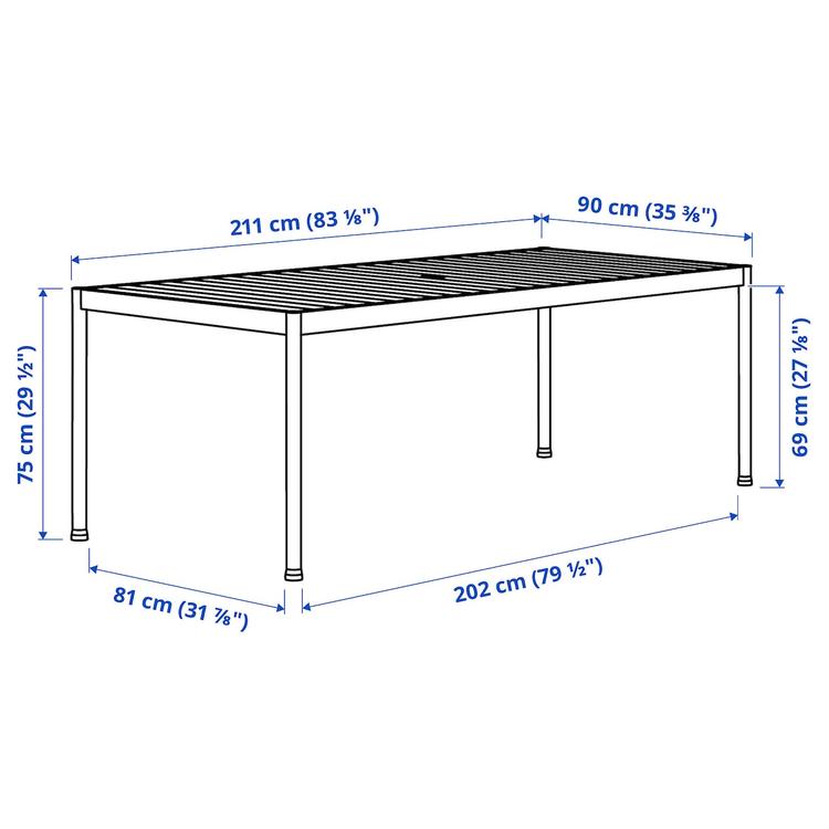 Садовый стол, 91x212 см dimensions