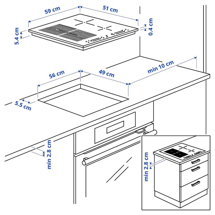 индукц варочн панель, IKEA 500 черный, 59 см dimensions