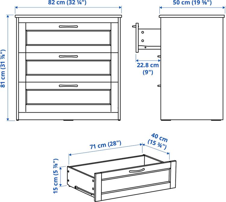 комод с 3 ящиками, белый, 82x81 см dimensions