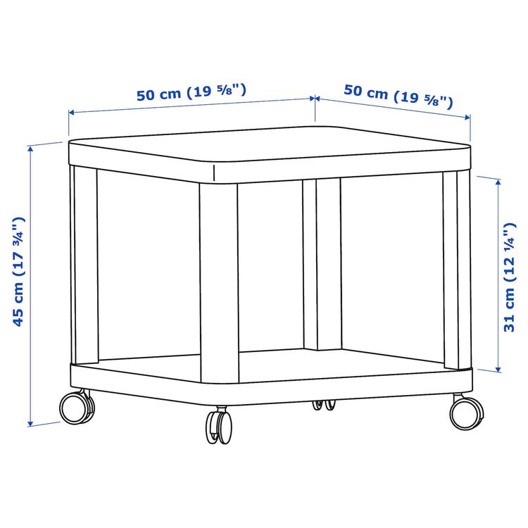стол приставной на колесиках, белый, 50x50 см dimensions