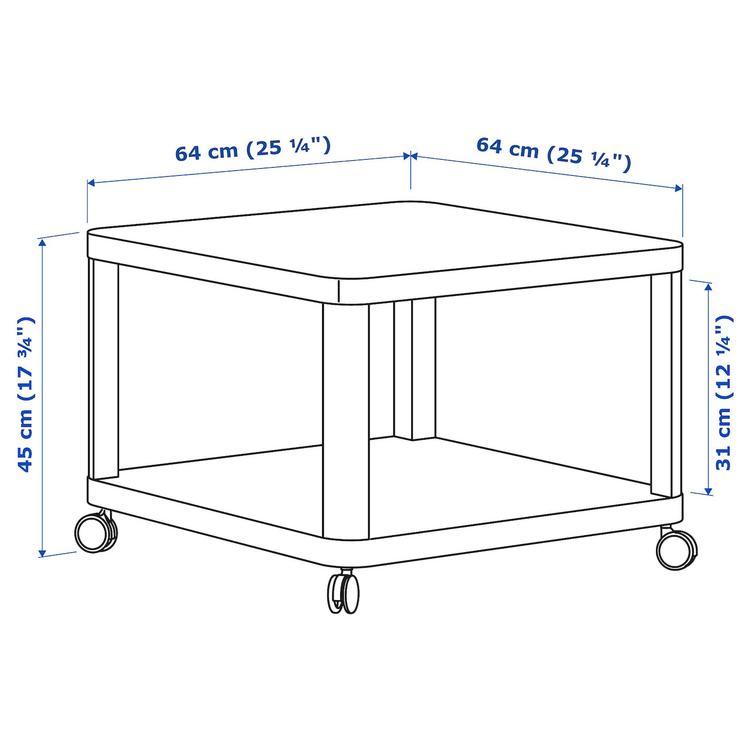стол приставной на колесиках, белый, 64x64 см dimensions