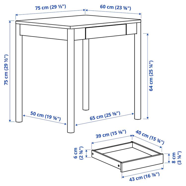 письменный стол, белый с оттенком, 75x60 см dimensions
