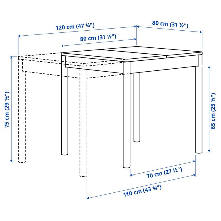 Stół rozkładany, 80/120x70 см dimensions