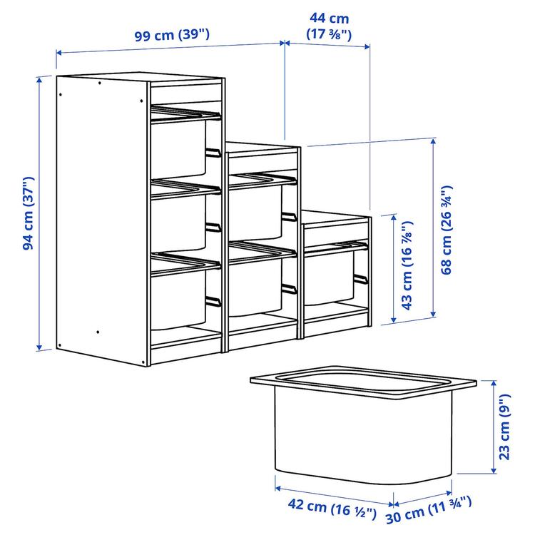 комбинация д/хранения+контейнеры, серый/серый, 99x44x94 см dimensions