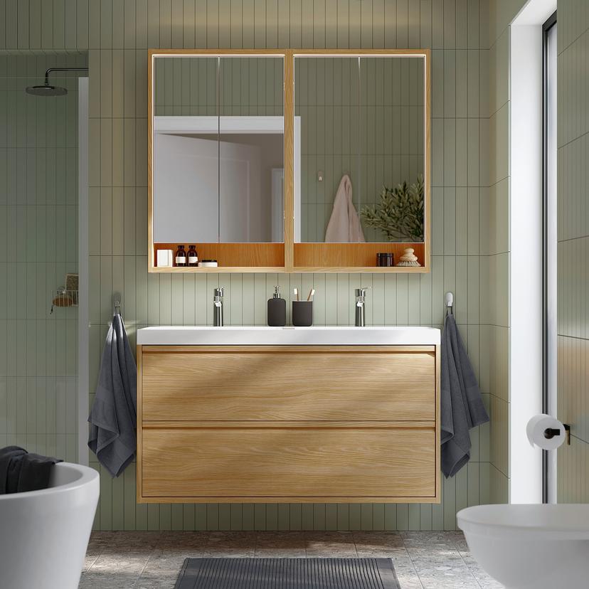 ÄNGSJÖN / BACKSJÖN — Тумба под умывальник с выдвижными ящиками/умывальником/смесителями, имитация дуба.