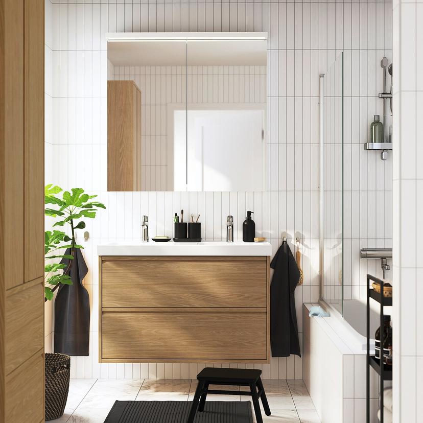 ÄNGSJÖN / ORRSJÖN — Тумба под умывальник с выдвижными ящиками/умывальником/смесителями, имитация дуба.