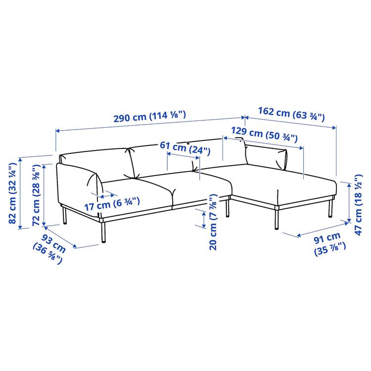 3-местный диван с козеткой, Lejde светло-серый dimensions