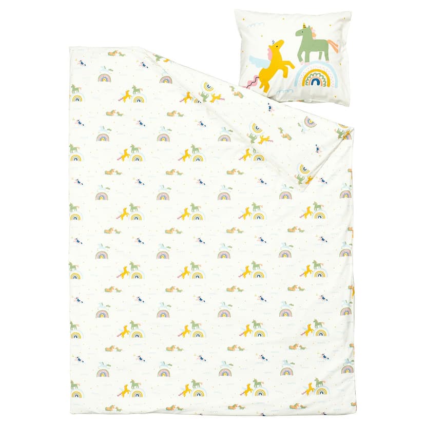 BARNDRÖM — Poszwa na kołdrę i poszewka, biały wielobarwny/wzór w jednorożce,