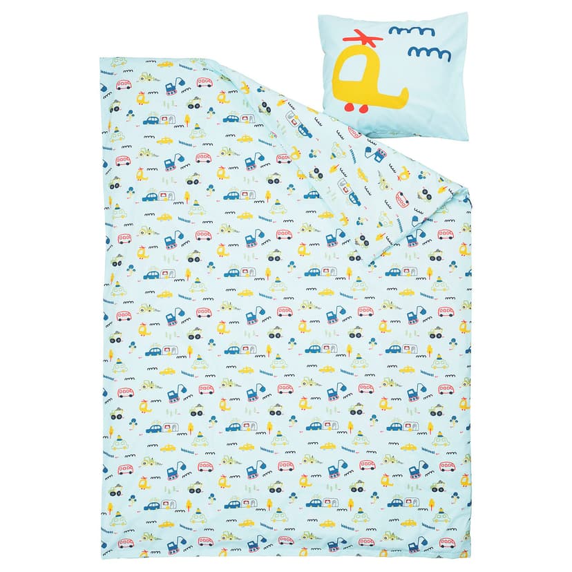 BARNDRÖM — Poszwa na kołdrę i poszewka, niebieski/wzór w pojazdy,