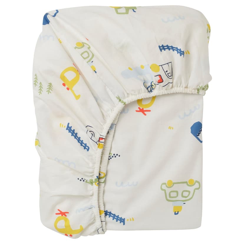 BARNDRÖM — Prześcieradło z gumką, biały/wzór w pojazdy,