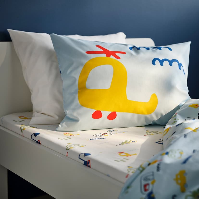 BARNDRÖM — Prześcieradło z gumką, biały/wzór w pojazdy,