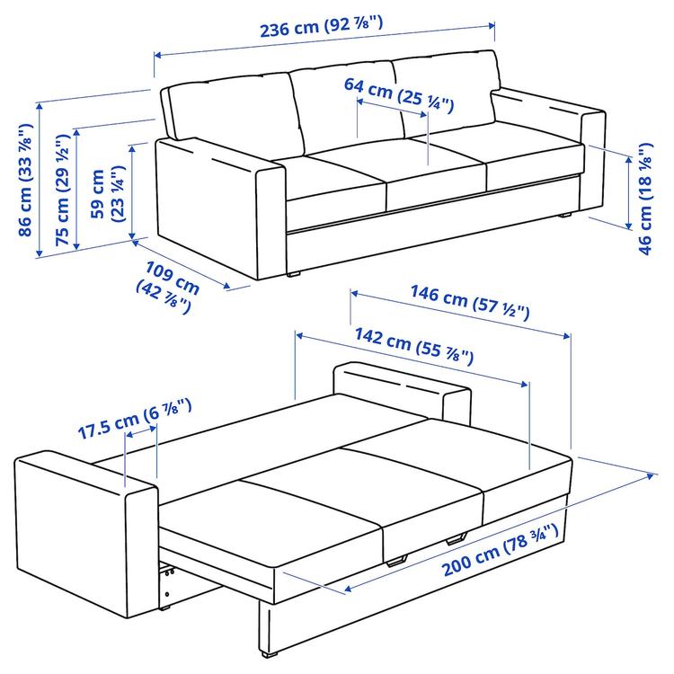 3-местный диван-кровать, Tibbleby бежевый/серый dimensions