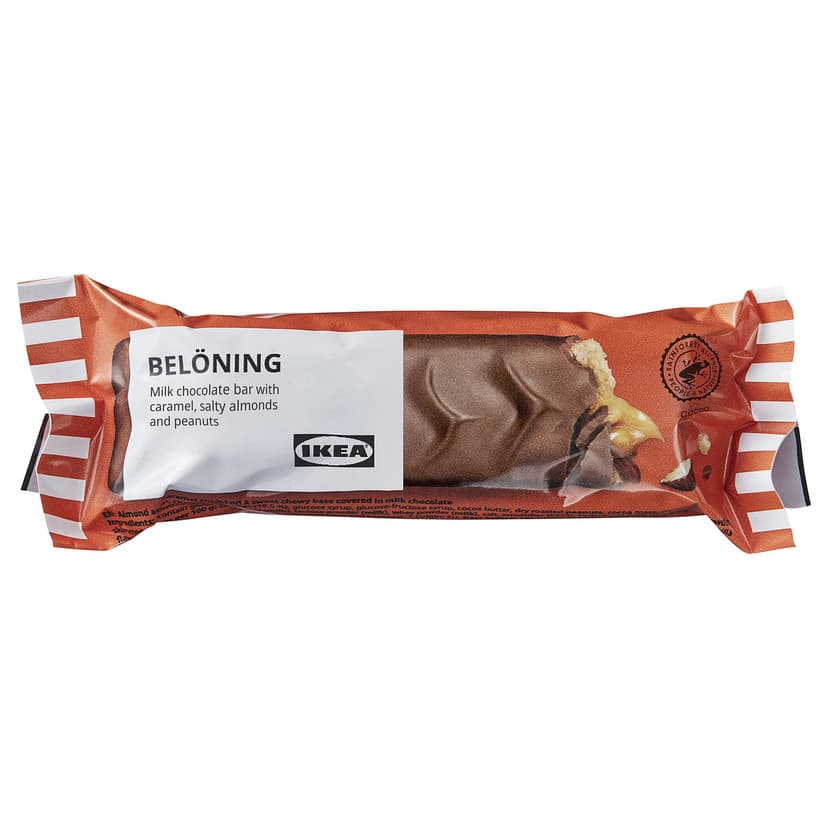 BELÖNING — Молочный шоколад, карамель, соленый миндаль и арахис.