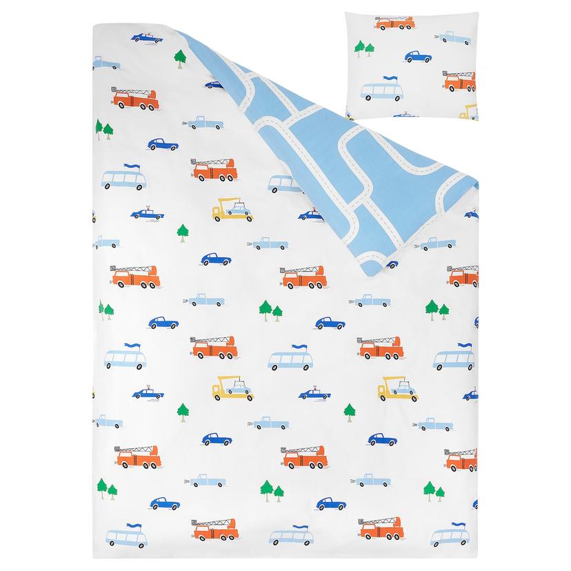 BERGFINK — Комплект постельного белья из 3 предметов с сумкой, разноцветный рисунок с изображением автомобилей/улицы.