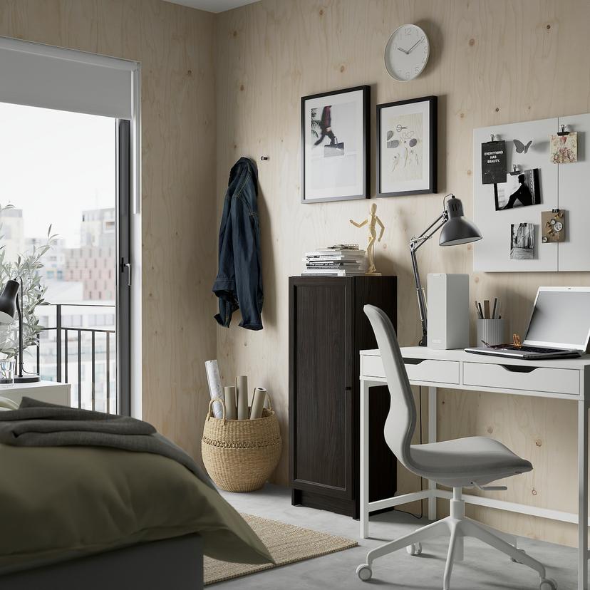 BILLY / OXBERG — Regał z drzwiami, ciemnobrązowy imit. dębu,