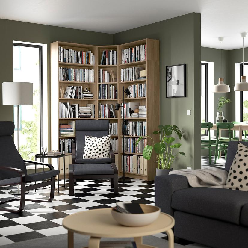 BILLY — Regał komb narożna z nadstawkami, imit. dębu,