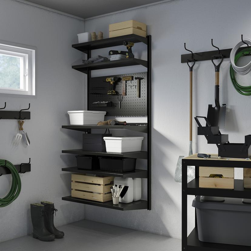 BROR — навесная полка, комбинация, с перфорированной панелью/черный, 88x30/45x180 см