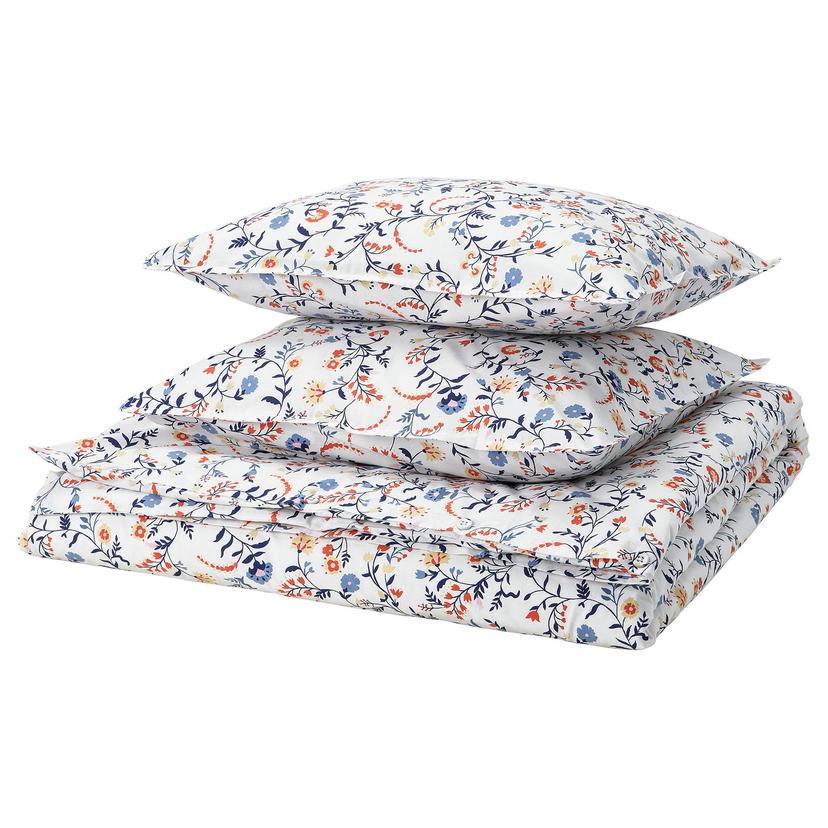 BRUDKRUSBÄR — Пододеяльник и 2 наволочки, белый, с разноцветным/цветочным узором.