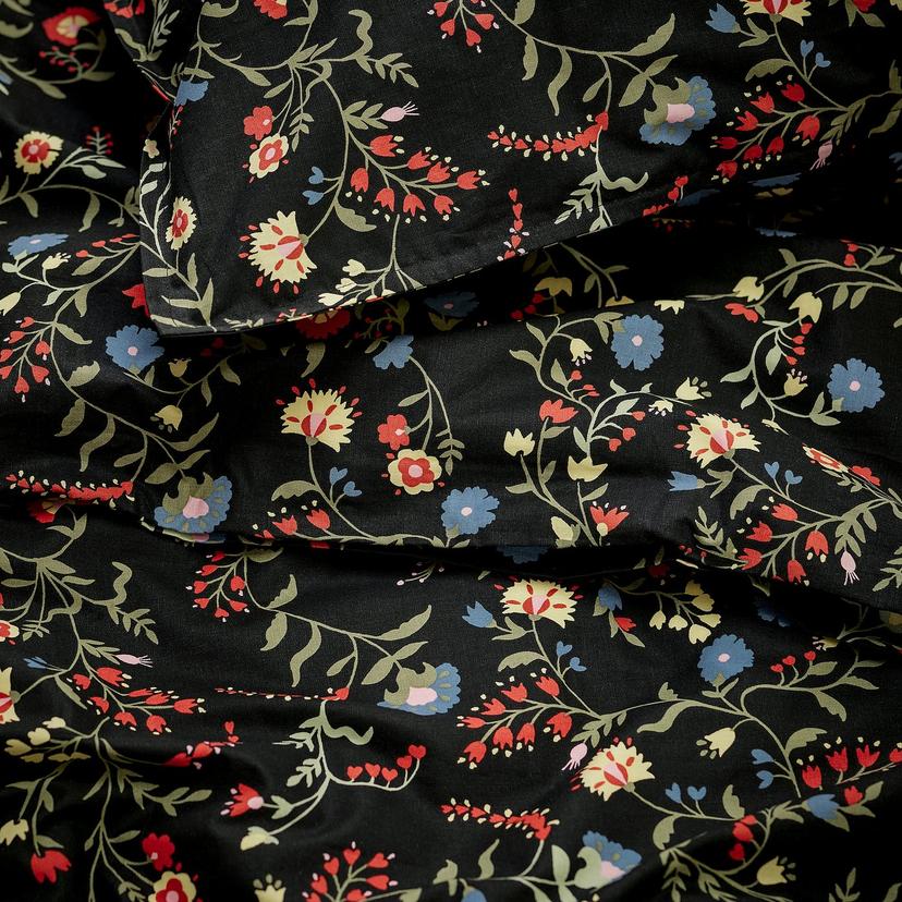 BRUDKRUSBÄR — Пододеяльник и 2 наволочки, черный, разноцветный/цветочный узор.