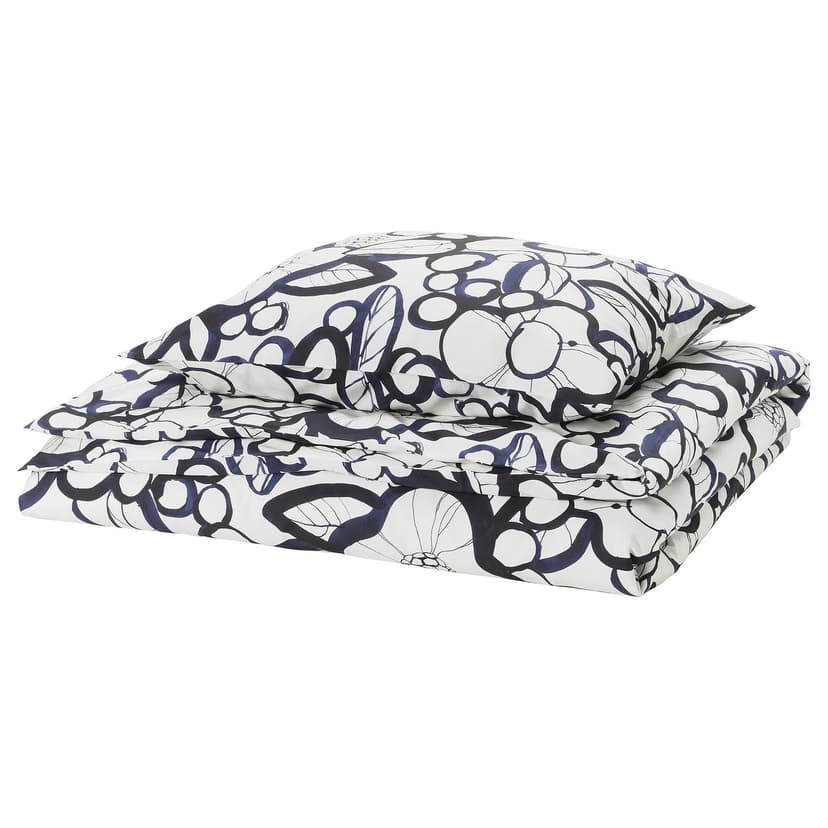 HÄRLIR — Poszwa na kołdrę i poszewka, biały czarny/niebieski wzór kwiatowy,