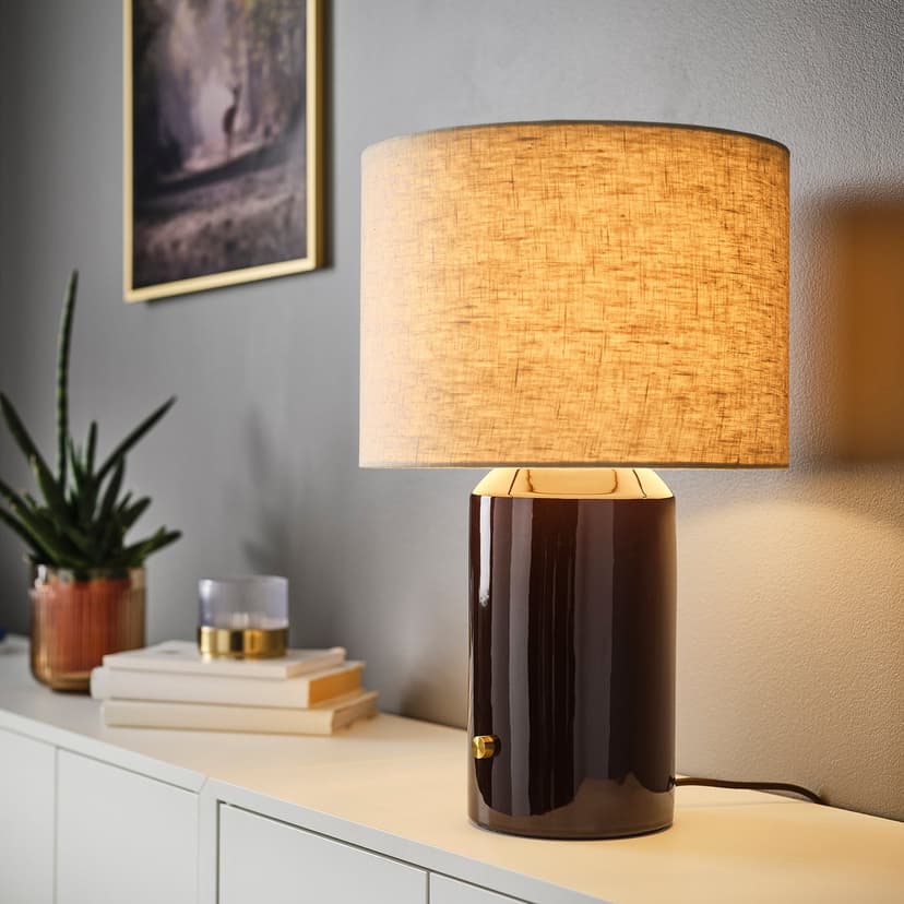 HALGATT — Lampa stołowa, można przyciemniać beżowy/brązowy ceramika,