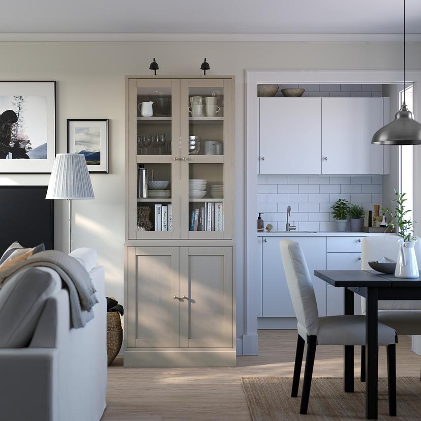 HAVSTA — Сочетание со стеклянными дверями, серо-бежевый цвет.