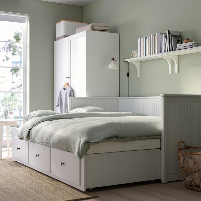HEMNES — Кушетка с 3 выдвижными ящиками, 2 матрасами, белый/Åfjäll средней жесткости